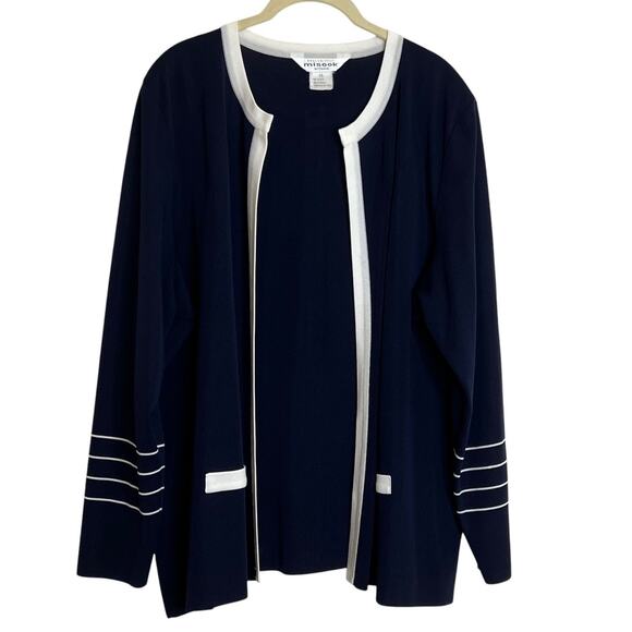 Exclusively Misook Woman 3X Navy White Trim Open Front Knit Cardigan Jacket - Picture 1 of 5